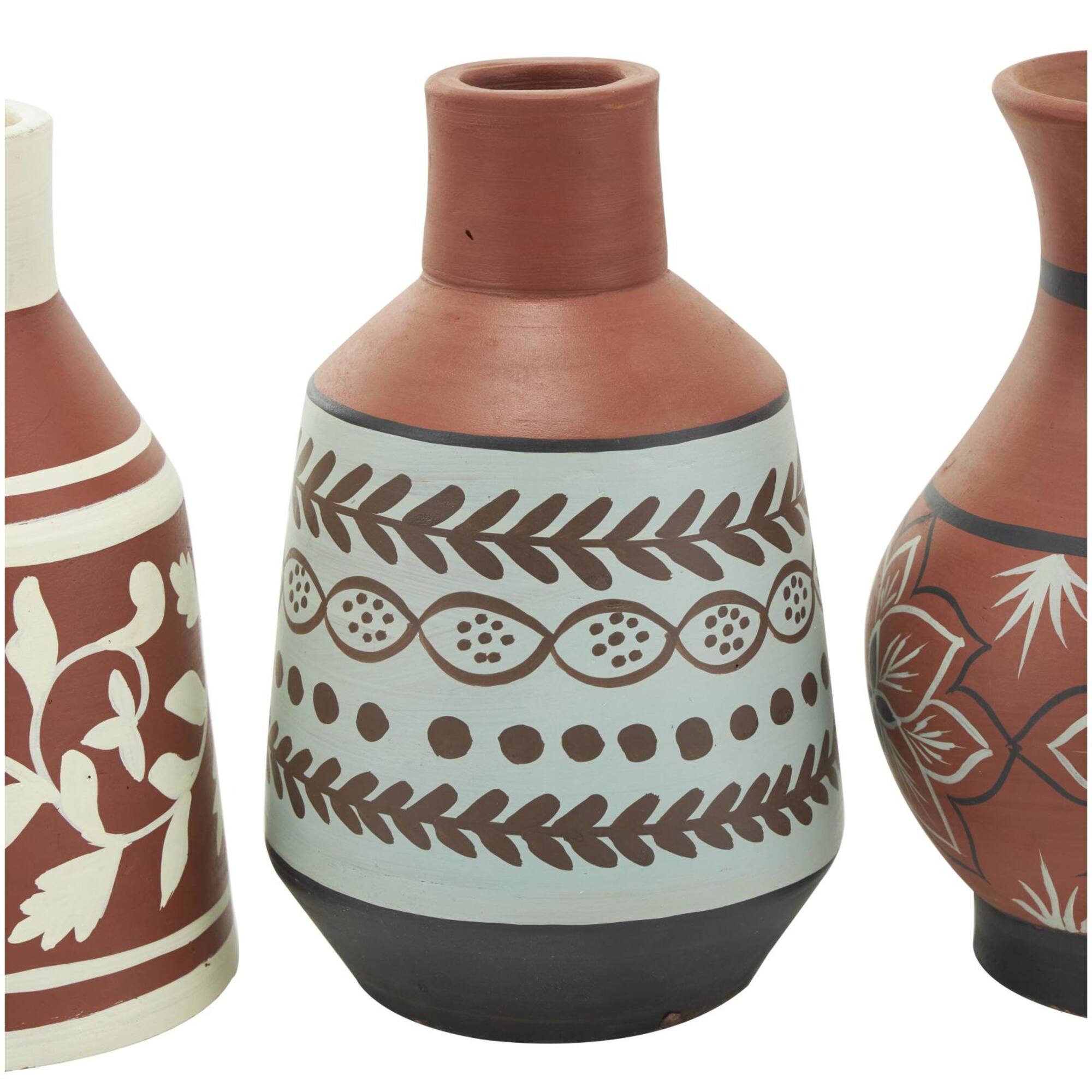 Orange Ceramic Floral Vase Set with 3 Different Patterns & Shapes